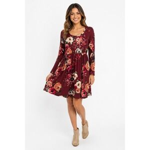 PS Katie Burgundy Floral Dress sz M Knit Boho Tropical Whimsical Novelty Pockets